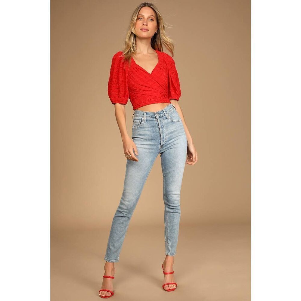 Lulus Love of Sunshine Red Puff Sleeve Wrap Crop Top SZ M